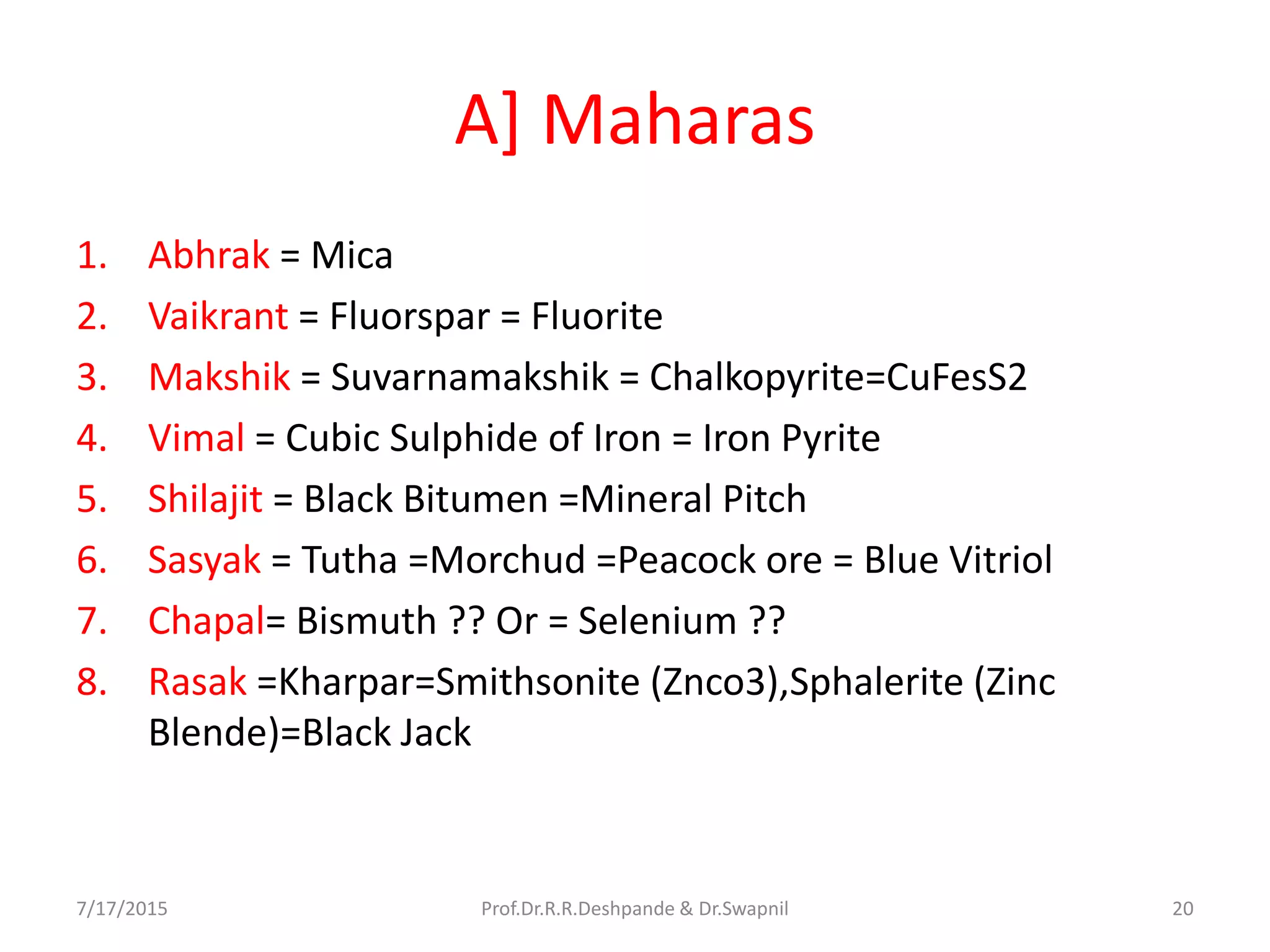 A] Maharas
1. Abhrak = Mica
2. Vaikrant = Fluorspar = Fluorite
3. Makshik = Suvarnamakshik = Chalkopyrite=CuFesS2
4. Vimal = Cubic Sulphide of Iron = Iron Pyrite
5. Shilajit = Black Bitumen =Mineral Pitch
6. Sasyak = Tutha =Morchud =Peacock ore = Blue Vitriol
7. Chapal= Bismuth ?? Or = Selenium ??
8. Rasak =Kharpar=Smithsonite (Znco3),Sphalerite (Zinc
Blende)=Black Jack
7/17/2015 20Prof.Dr.R.R.Deshpande & Dr.Swapnil
 