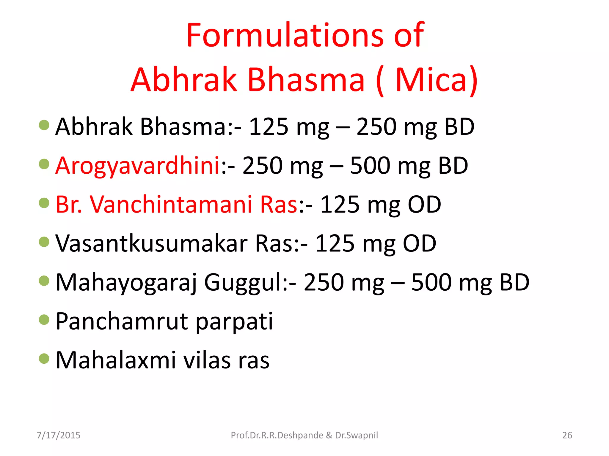 Formulations of
Abhrak Bhasma ( Mica)
Abhrak Bhasma:- 125 mg – 250 mg BD
Arogyavardhini:- 250 mg – 500 mg BD
Br. Vanchintamani Ras:- 125 mg OD
Vasantkusumakar Ras:- 125 mg OD
Mahayogaraj Guggul:- 250 mg – 500 mg BD
Panchamrut parpati
Mahalaxmi vilas ras
7/17/2015 26Prof.Dr.R.R.Deshpande & Dr.Swapnil
 