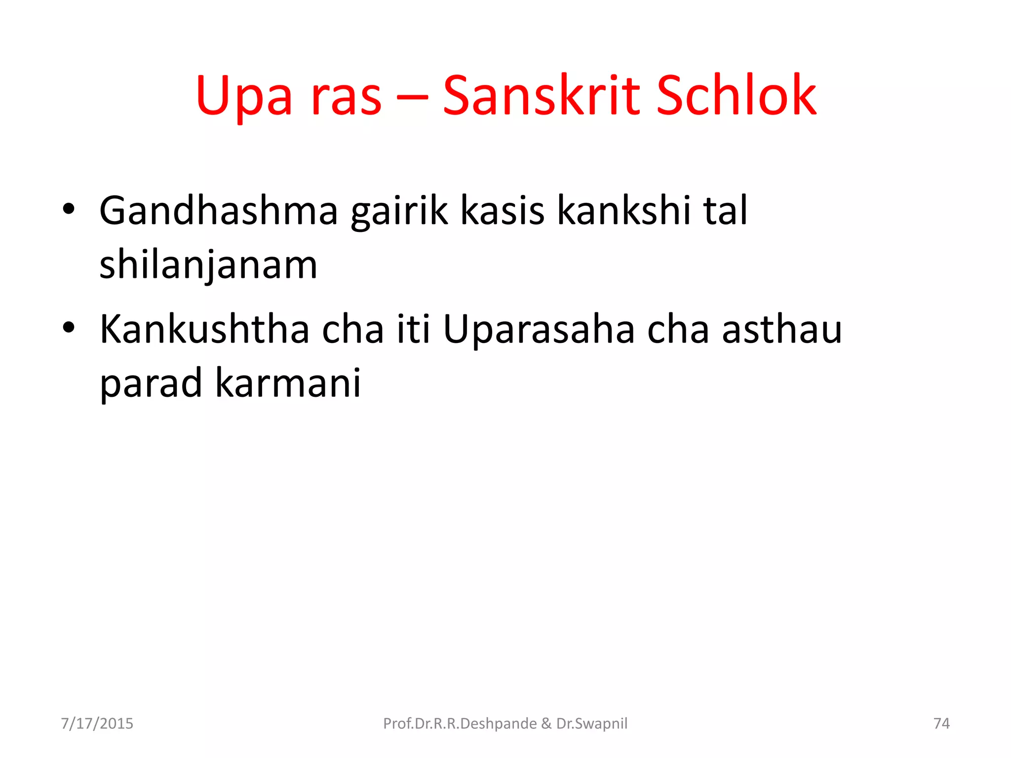 Upa ras – Sanskrit Schlok
• Gandhashma gairik kasis kankshi tal
shilanjanam
• Kankushtha cha iti Uparasaha cha asthau
parad karmani
7/17/2015 74Prof.Dr.R.R.Deshpande & Dr.Swapnil
 