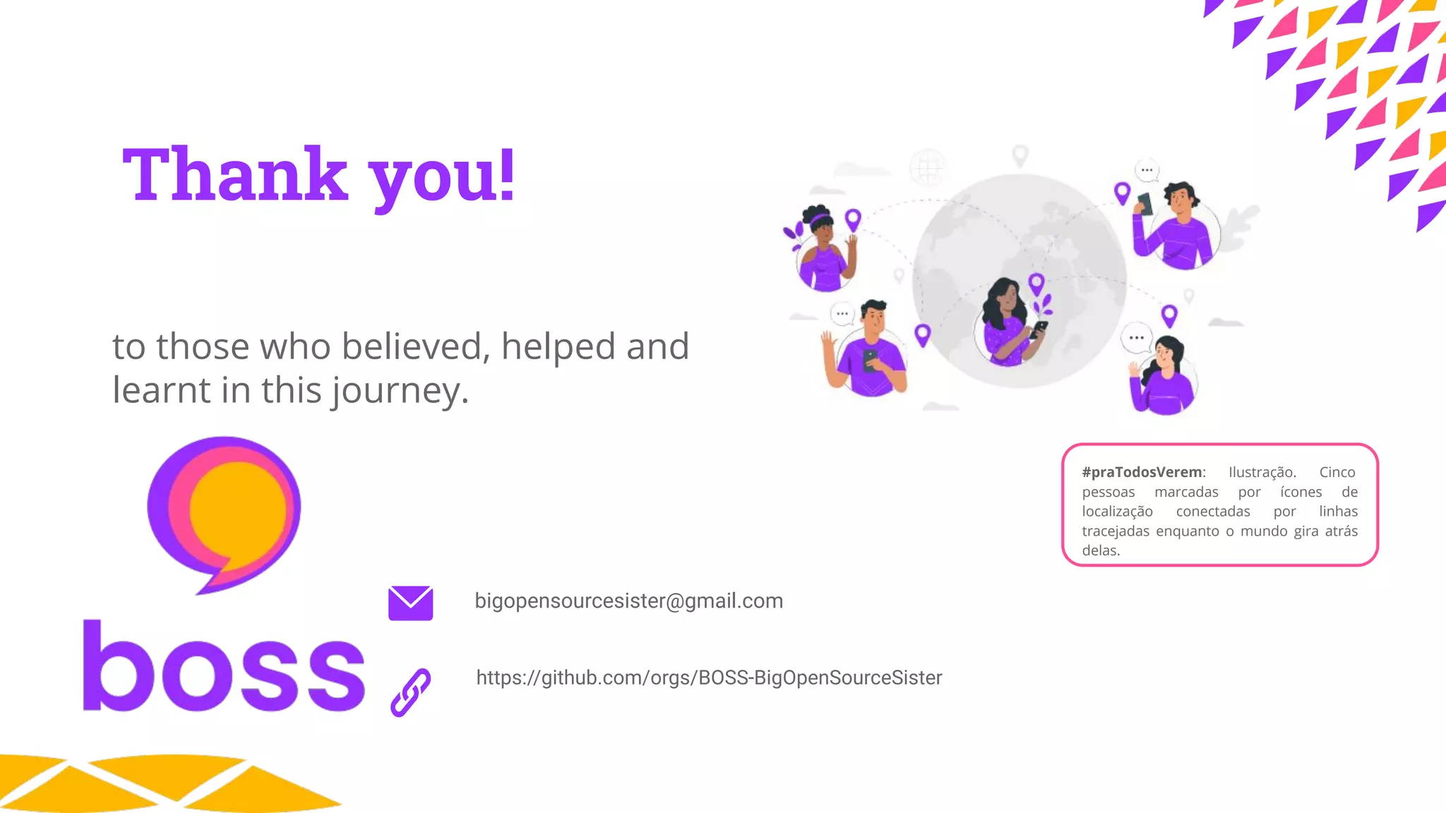 https://github.com/orgs/BOSS-BigOpenSourceSister
bigopensourcesister@gmail.com
Thank you!
to those who believed, helped and
learnt in this journey.
#praTodosVerem: Ilustração. Cinco
pessoas marcadas por ícones de
localização conectadas por linhas
tracejadas enquanto o mundo gira atrás
delas.
 
