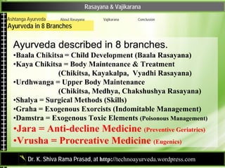 Rasayana & Vajikarana
Ashtanga Ayurveda    About Rasayana          Vajikarana   Conclusion
Ayurveda in 8 Branches

  Ayurv...