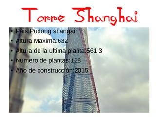 Torre Shanghai
● Pais:Pudong shangai
● Altura Maxima:632
● Altura de la ultima planta:561,3
● Numero de plantas:128
● Año de construcción:2015
 