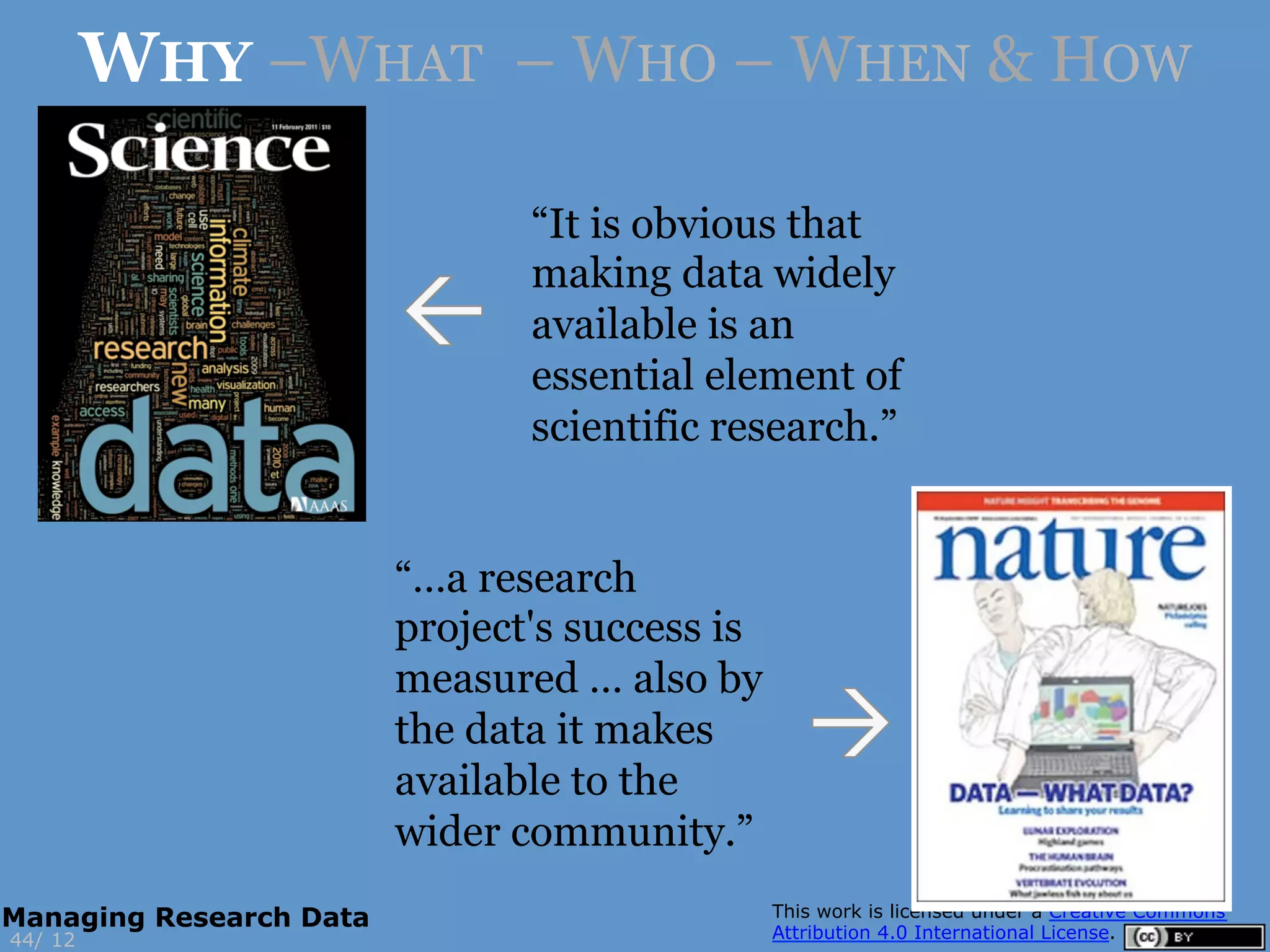 “…a research
project's success is
measured … also by
the data it makes
available to the
wider community.”
“It is obvious that
making data widely
available is an
essential element of
scientific research.”
12
WHY –WHAT – WHO – WHEN & HOW
44/
Managing Research Data
 