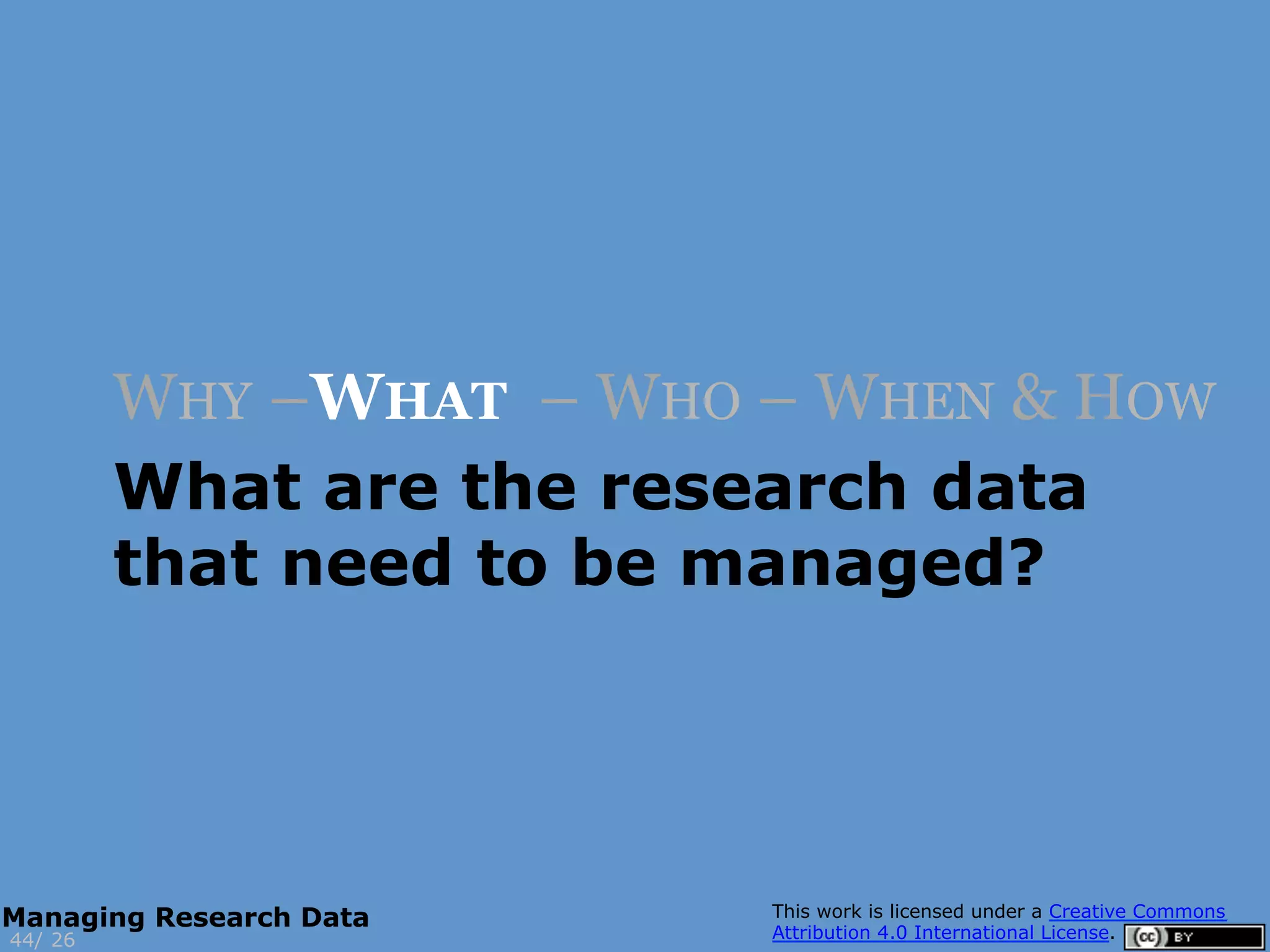 What are the research data
that need to be managed?
WHY –WHAT – WHO – WHEN & HOW
2644/
Managing Research Data
 