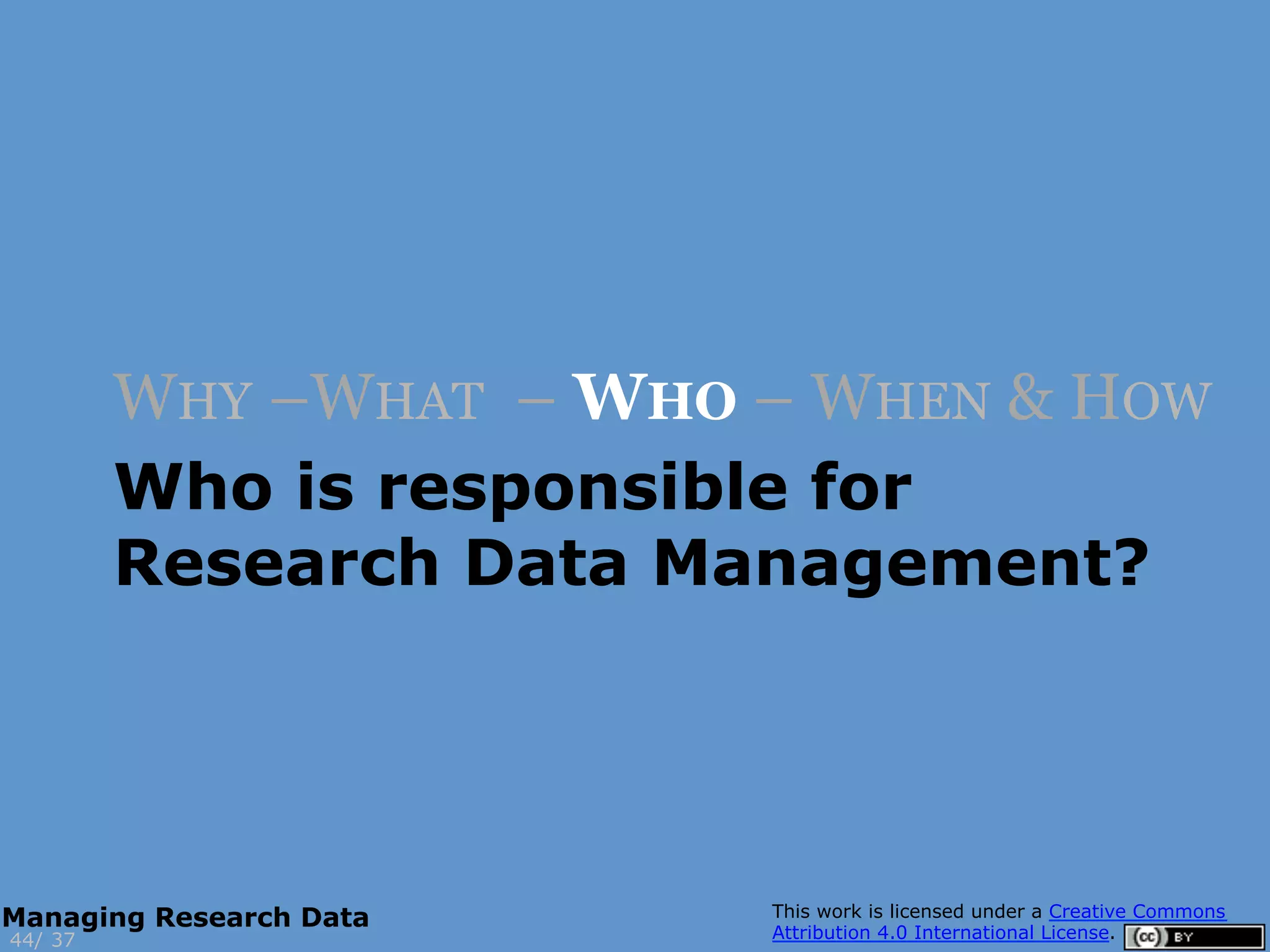 Who is responsible for
Research Data Management?
WHY –WHAT – WHO – WHEN & HOW
3744/
Managing Research Data
 