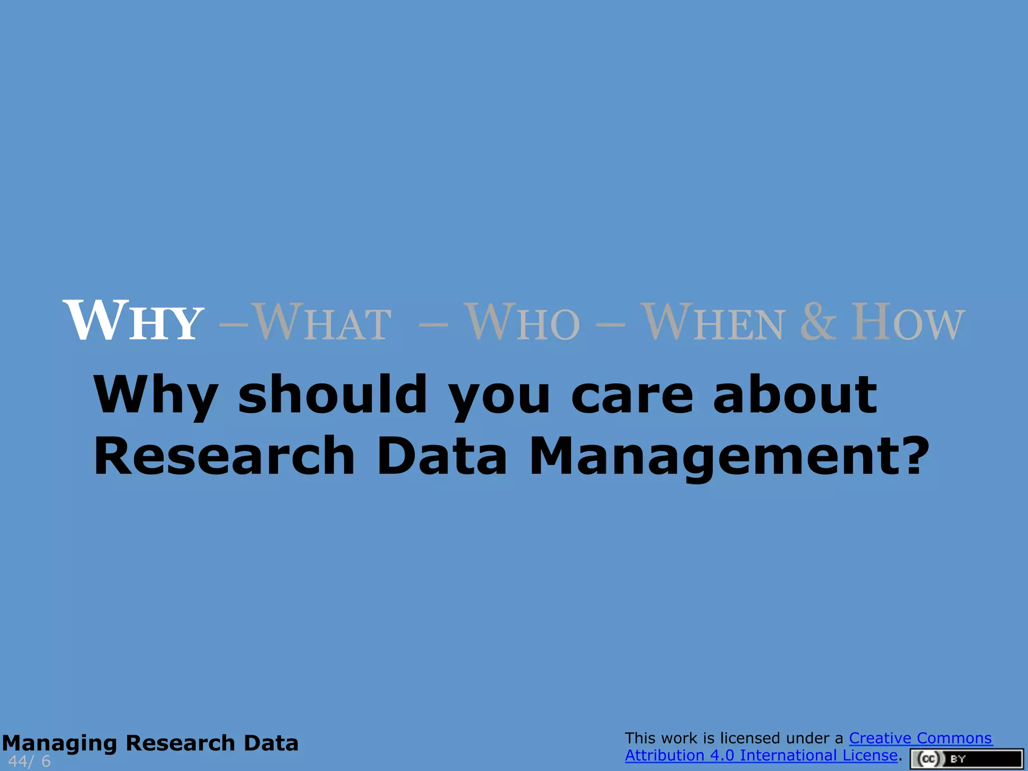 Why should you care about
Research Data Management?
WHY –WHAT – WHO – WHEN & HOW
644/
Managing Research Data
 