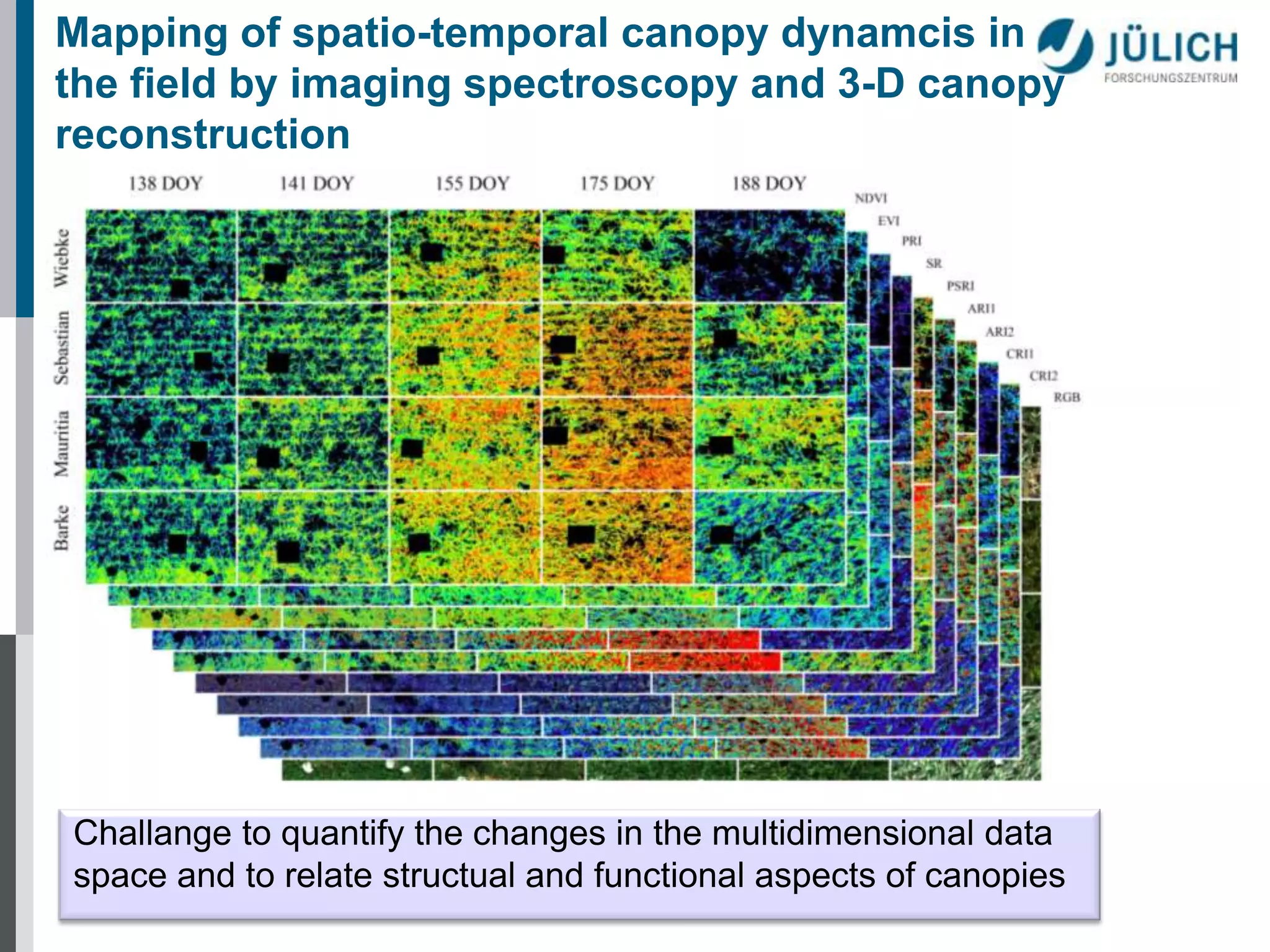 Mapping of spatio-temporal canopy dynamcis in
the field by imaging spectroscopy and 3-D canopy
reconstruction

Challange to quantify the changes in the multidimensional data
space and to relate structual and functional aspects of canopies

 