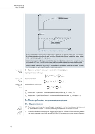 Рисунок 2.1 Обратимые (а) и необратимые (b) предельные состояния 
При оценке металлоконструкций по конструктивному критерию, как правило, используют характеристи- 
ческую комбинацию воздействий. В запас надежности характеристическая комбинация может приме- 
няться и для проверки других 3-х критериев. 
Часто повторяющуюся комбинацию используют при оценке комфортности и влияния на функциональность 
оборудования, то есть по эстетико-психологическим, технологическим и физиологическим критериям. 
Квазипостоянная комбинация используется при оценке долговременных эффектов (например, ползуче- 
сти), которые данной публикацией подробно не рассматриваются. 
(2) Выражения для расчета комбинаций в зависимости от типа следующие: 
Характеристическая комбинация 
. 
Частая комбинация 
. 
Квазипостоянная комбинация 
, 
где: 
y1,1 коэффициент y для частого значения переменного воздействия Qki (см. Таблицу 2.4); 
y2,i коэффициент y для квазипостоянного значения переменного воздействия Qki (см. Таблицу 2.4). 
2.4 Общие требования к стальным конструкциям 
2.4.1 Общие положения 
(1)P Проектирование стальных конструкций следует осуществлять в соответствии с общими требованиями 
ДСТУ-Н Б EN 1990 и Раздела 2.1, который соответствует требованиям указанного стандарта. 
(2) Правила расчетов металлоконструкций по несущей способности, эксплуатационной пригодности и дол- 
говечности приведены в различных частях ДСТУ-Н Б EN 1993, которому соответствует данная публикация. 
Формула (6.14b) 
ДСТУ-Н Б 
EN 1990 
Формула (6.15b) 
ДСТУ-Н Б 
EN 1990 
Формула (6.16b) 
ДСТУ-Н Б 
EN 1990 
2.1.1(1)P 
ДСТУ-Н Б 
EN 1993-1-1 
2.1.1(4) 
ДСТУ-Н Б 
EN 1993-1-1 
16 
ОСНОВЫ РАСЧЕТА 
КОНСТРУКЦИЙ 
 