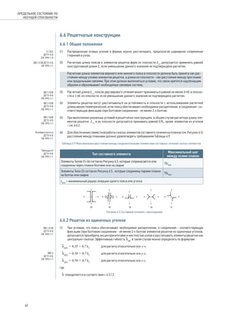 6.6 Решетчатые конструкции 
6.6.1 Общие положения 
(1) Распределение осевых усилий в фермах можно рассчитывать, предполагая шарнирное сопряжение 
стержней в узлах. 
(2) Расчетную длину поясов и элементов решетки ферм из плоскости Lcr допускается применять равной 
конструктивной длине L, если уменьшение данного значения не подтверждено расчетом. 
Расчетная длина элементов верхнего или нижнего пояса в плоскости должна быть принята как рас- 
стояние между узлами элементов решетки, а длина из плоскости - как расстояние между прогонами 
или продольными связями. При этом должно выполняться условие, что связи крепятся надлежащим 
образом и образовывают необходимую связевую систему. 
(3) Расчетная длина Lcr поясов двутаврового сечения может приниматься равной не менее 0.9L в плоско- 
сти и 1.0L из плоскости, если уменьшение данного значения не подтверждено расчетом. 
(4) Элементы решетки могут рассчитываться на устойчивость в плоскости с использованием расчетной 
длины менее геометрической, если пояса обеспечивают необходимое раскрепление, а соединения - со- 
ответствующую фиксацию (при болтовом соединении - не менее 2-х болтов). 
(5) При выполнении указанных условий в решетчатых конструкциях, в общем случае расчетную длину эле- 
ментов решетки Lcr в их плоскости допускается принимать равной 0.9L, кроме элементов из уголков 
- см. 6.6.2. 
(6) Для обеспечения совместной работы сжатых элементов составного сечения на планках (см. Рисунок 6.5) 
расстояние между планками должно удовлетворять требованиям Таблицы 6.9. 
Таблица 6.9 Максимальное расстояние между соединительными элементами составных сечений сжатых элементов 
Тип составного элемента Максимальный шаг 
между осями планок 
Элементы Типов (1)-(4) согласно Рисунку 6.5, которые соприкасаются или 
соединены через планки болтами или на сварке 15imin 
Элементы Типа (5) согласно Рисунку 6.5 , которые соединены парами планок 
на болтах или сварке 70imin 
imin – минимальный радиус инерции одного пояса или уголка 
z 
y y 
y y 
y y 
Рисунок 6.5 Составные сечения с прокладками 
y y 
y y 
6.6.2 Решетки из одиночных уголков 
(1) При условии, что пояса обеспечивают необходимое раскрепление, а соединения - соответствующую 
фиксацию (при болтовом соединении - не менее 2-х болтов) элементов решетки из одиночных уголков, 
допускается пренебречь эксцентриситетами и жесткостью узлов и рассчитывать элементы решетки как 
центрально-сжатые. Эффективную гибкость leff в таком случае можно определить по формулам: 
 leff,v = 0,35 + 0,7 lv для расчета относительно оси v-v, 
 leff,y = 0,50 + 0,7 ly для расчета относительно оси y-y, 
 leff,z = 0,50 + 0,7 lz для расчета относительно оси z-z, 
где 
 l определяется в соответствии с 6.3.1.2. 
ПРЕДЕЛЬНОЕ СОСТОЯНИЕ ПО 
НЕСУЩЕЙ СПОСОБНОСТИ 
5.1.5(2) 
ДСТУ-Н Б 
EN 1993-1-8 
BB.1.1(1)B ДСТУ-Н Б 
EN 1993-1-1 
BB.1.1(2)B 
ДСТУ-Н Б 
EN 1993-1-1 
BB.1.1(3)B 
ДСТУ-Н Б 
EN 1993-1-1 
BB.1.1(4)B 
ДСТУ-Н Б 
EN 1993-1-1 
Основано на 6.4.4 
ДСТУ-Н Б 
EN 1993-1-1 
Таблица 6.9 
ДСТУ-Н Б 
EN 1993-1-1 
BB.1.2(1)B 
ДСТУ-Н Б 
EN 1993-1-1 
(BB.1) 
ДСТУ-Н Б 
EN 1993-1-1 
z 
z 
z 
(1)( 2)( 3)( 4)( 5) 
z 
z 
z 
z 
z 
z 
62 
 