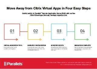 Move Away from Citrix Virtual Apps in Four Easy Steps
Quickly switch to Parallels
®
Remote Application Server (RAS) with our free
Citrix Virtual Apps (formerly XenApp) migration tool.
Want to learn more? Please contact us—we have an entire team ready to assist you.
Tel: +1 425 282-6400 Email: RasSales-US@parallels.com
INSTALL MIGRATION TOOL
Download our free tool at
parallels.com/migration.
MIGRATE CONFIGURATION
Automatically export Citrix Virtual
App settings and import them into
the Parallels RAS farm.
MOVE RDS HOSTS
Move Microsoft RDS Hosts from
Citrix Virtual Apps to the Parallels
RAS farm.
MIGRATION COMPLETE
Deliver high-performing applications
and desktops to any device with
Parallels RAS.
 