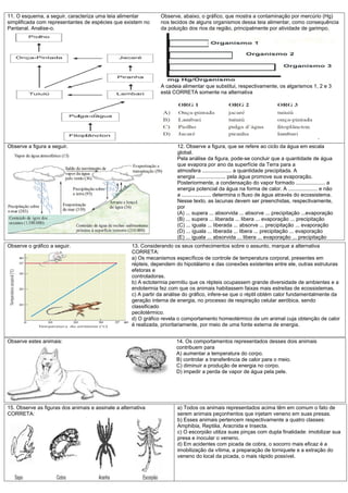 11. O esquema, a seguir, caracteriza uma teia alimentar          Observe, abaixo, o gráfico, que mostra a contaminação por mercúrio (Hg)
simplificada com representantes de espécies que existem no       nos tecidos de alguns organismos dessa teia alimentar, como consequência
Pantanal. Analise-o.                                             da poluição dos rios da região, principalmente por atividade de garimpo.




                                                                 A cadeia alimentar que substitui, respectivamente, os algarismos 1, 2 e 3
                                                                 está CORRETA somente na alternativa




Observe a figura a seguir.                                              12. Observe a figura, que se refere ao ciclo da água em escala
                                                                        global.
                                                                        Pela análise da figura, pode-se concluir que a quantidade de água
                                                                        que evapora por ano da superfície da Terra para a
                                                                        atmosfera .................... a quantidade precipitada. A
                                                                        energia .................... pela água promove sua evaporação.
                                                                        Posteriormente, a condensação do vapor formado .................... a
                                                                        energia potencial da água na forma de calor. A .................... e não
                                                                        a .................... determina o fluxo de água através do ecossistema.
                                                                        Nesse texto, as lacunas devem ser preenchidas, respectivamente,
                                                                        por
                                                                        (A) ... supera ... absorvida ... absorve ... precipitação ...evaporação
                                                                        (B) ... supera ... liberada ... libera ... evaporação ... precipitação
                                                                        (C) ... iguala ... liberada ... absorve ... precipitação ... evaporação
                                                                        (D) ... iguala ... liberada ... libera ... precipitação ... evaporação
                                                                        (E) ... iguala ... absorvida ... libera ... evaporação ... precipitação
Observe o gráfico a seguir.                          13. Considerando os seus conhecimentos sobre o assunto, marque a alternativa
                                                     CORRETA:
                                                     a) Os mecanismos específicos de controle de temperatura corporal, presentes em
                                                     répteis, dependem do hipotálamo e das conexões existentes entre ele, outras estruturas
                                                     efetoras e
                                                     controladoras.
                                                     b) A ectotermia permitiu que os répteis ocupassem grande diversidade de ambientes e a
                                                     endotermia fez com que os animais habitassem faixas mais estreitas de ecossistemas.
                                                     c) A partir da análise do gráfico, infere-se que o réptil obtém calor fundamentalmente da
                                                     geração interna de energia, no processo de respiração celular aeróbica, sendo
                                                     classificado
                                                     pecilotérmico.
                                                     d) O gráfico revela o comportamento homeotérmico de um animal cuja obtenção de calor
                                                     é realizada, prioritariamente, por meio de uma fonte externa de energia.


Observe estes animais:                                                  14. Os comportamentos representados desses dois animais
                                                                        contribuem para
                                                                        A) aumentar a temperatura do corpo.
                                                                        B) controlar a transferência de calor para o meio.
                                                                        C) diminuir a produção de energia no corpo.
                                                                        D) impedir a perda de vapor de água pela pele.




15. Observe as figuras dos animais e assinale a alternativa             a) Todos os animais representados acima têm em comum o fato de
CORRETA:                                                                serem animais peçonhentos que injetam veneno em suas presas.
                                                                        b) Esses animais pertencem respectivamente a quatro classes:
                                                                        Amphibia, Reptilia, Aracnida e Insecta.
                                                                        c) O escorpião utiliza suas pinças com dupla finalidade: imobilizar sua
                                                                        presa e inocular o veneno.
                                                                        d) Em acidentes com picada de cobra, o socorro mais eficaz é a
                                                                        imobilização da vítima, a preparação de torniquete e a extração do
                                                                        veneno do local da picada, o mais rápido possível.
 