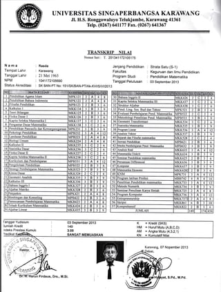 UNIVERSITAS SINGAPERBANGSA KARAWANG
Jl. H.S. Ronggowaluyo Telukjambe, Karawang 41361
Telp. (0267) 641177 Fax. (0267) 641367
Nama
Tempat Lahir
Tanggal Lahir
NPM
Status Akreditasi
9
l0
II
12
l3
t4
15
l6
l'7
18
l9
20
2l
22
23
2q
25
26
21
28
29 lAliabar Linear
TRANSKRIP NILAI
Nomor Seri : T. 201341172105175
Rasda Jenjang Pendidikan
Karawang Fakultas
2l Mei 1965 program Studi
1041 172'105690 Tanggal pelulusan
SK BAN-PT No: 1 5 1 /SI(BAN-PT/Ak-XVt I SNU2O1 3
Strata Satu (S-1)
Keguruan dan llmu Pendidikan
Pendidikan Matematika
03 September 2013
I Pendidikan Agama lslam MPK 2t 2 A 4 8
2 Pendidikan Bahasa lndonesia MPK 22 2 A 4 8
J Filsafbt Pendidikan MPB 23 2 B 3 6
4 Kalkulus I MKK 34 3 B 3 9
5 Teori Bilangan MKK 25 2 B 3 6
6 Fisika Dasar I MKK 26 2 B J 6
7 Kapita Selekta Matematika I MKK 5/ J C 2 6
8 Pengantar Dasar Matematika MKK 38 3 c 2 6
Pendidikan Pancasila dan Kewarganesaraan MPK23I B 3 9
Psikologi Pendidikan MPB232 3 A 4 t2
Landasan Pendidikan MPB223 2 A 4 8
Biologi Umum MKK224 2 A 4 8
Kalkulus II MKK235 c 2 6
Statistika Dasar MKK236 3 c 2 6
Fisika Dasar II M1<K227 2 C 2 4
Kapita Selekta Matematika II MKK238 c 2 6
Kurikulum dan Pembelaiaran MPB33I J A 4 t2
Pengelolaan Pendidikan MPB322 2 B 3 6
Straregi Pembelaj aran Matematika MKB323 3 B 3 9
Kimia Dasar MKK324 2 C 2 4
Geometri Analitik MKK335 3 B J 9
Kalkulus III MKK336 3 B 3 9
Rahasa Ingsris I MKK327 2 B 3 6
Aljabar Matriks MKK328 2 B J 6
Penjaskes MPK421 2 A 4 8
Bimbingan dan Konseling MPB422 2 B J 6
)erencanaan Pembelajaran Matematika MKB423 2 A 4 8
'elaah Kurikulum Matematika MKK424 2 B J 6
MKK435 3 B 3 9
30 Bahasa Inggris II MKK426 2 c 2 4
31 Kapita Selekta Matematika III MKK437 J C 2 6
32 Struktur Allabar MKK438 3 c 2 6
33 Pend. Ling. Sos. Bud dan Tekno MPK52I 2 B J 6
34 Evaluasi Pembelajaran Pend. Matematika MPB522 2 c 2 4
35 Metodologi Penelitian Pend. Matematika MPB533 J B 3 9
36 Geometri Transformasi MKK534 J c 2 6
37 Statistika Matematika MKK535 J B 3 9
38 Program Linear MKK536 3 A 4 l2
39 Analisis Vektor MKK537 J B 3 9
40 Sejarah dan Filsafat matematika MKK528 2 c 2 4
4t Inovasi Pendidikan MPB62I 2 B J 6
42 Media Pembelajaran Pend. Matematika MPB632 J B J 9
43 Analisis Real MKK633 3 4 l2
44 Matematika Diskrit MKK634 J B J 9
45 Seminar Pendidikan matematika MKK625 2 B J 6
46 Persamaan Differensial MKK636 J B 3 9
47 Komputer MKK637 J B J 9
48 Matematika Ekonomi MKK628i 2 B 3 6
49 KNM MPK73I J 4 t2
50 Program latihan Profesi MBB742 4 A 4 t6
5l Penelitian Pendidikan matematika MKK733 J A 4 12
52 Metode Numerik MKK734 J B 3 9
53 Seminar Penulisan Karya Ilmiah MKK725 2 A 4 8
54 Program Komputer MKK736 3 A 4 i'2
55 Entrepreneurship MKK727i 2 A 4 ,t
56 Skripsi MKK86I 6 B 3 l8
57 Komprehensif MKK822 2 B J 6
JUMLAH 149 174 454
)redikat
l-anggal Yudisium
Iumlah Kredit
ndeks Prestasi Kumulz
03 September 2013
149
3.05
SANGAT MEMUASKAN
( = Kredit (SKS)
HM = Huruf Mutu (A,B,C,D)
AM = Angka Mutu (4,3,2,1)
KN = Kumulatif Nilai
Karawang, 07 Nopember 2013
Drtt'Hai-un Firdaus, Drs., M.Si. t, s.Pd., M.Pd.
Sli"rc4;)
 