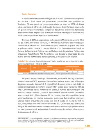 Poder Executivo
A vitória de Dilma Rousseff nas eleições de 2010 para a presidência da República
fez com que o Brasil tivesse pela primeira vez uma mulher como presidenta da
República, 78 anos depois da conquista do direito de voto, em 1932. O debate
sobre a paridade de gênero e a distribuição dos cargos de confiança do governo foi
um grande tema no momento da composição do gabinete presidencial. Por decisão
da candidata eleita, ampliou-se o número de mulheres na direção da administração
pública, com especial destaque para os Ministérios.5
Em maio de 2013, a proporção de mulheres como Ministras do governo Dilma
era de 25,6%. Em termos absolutos, os Ministérios atualmente são liderados por
10 ministras e 29 ministros. As mulheres ocupam, sobretudo, as pastas vinculadas
às políticas sociais, como é o caso do Ministério do Desenvolvimento Social, da
Cultura, da Secretaria de Políticas para as Mulheres e da Secretaria de Políticas para
a Igualdade Racial (Tabela 7.8). No entanto, vale destacar a titularidade de uma
mulher à frente do Ministério do Planejamento, a ministra Miriam Belchior.
Tabela 7.8 – Número de ministras/os de Estado, total e sua respectiva distribuição
percentual por sexo – Maio de 2013
Ministérios

Total

Absoluto
Ministras

Distribuição percentual
Ministros

Ministras

Ministros

39
10
29
25,6
74,3
Fonte: Site da Presidência da República (http://www2.planalto.gov.br/presidencia/ministros).

No que diz respeito aos cargos comissionados, em especial aos cargos de direção
e assessoramento (DAS), a presença das mulheres varia de acordo com a hierarquia
dos postos ocupados (tabelas 7.9, 7.10 e gráfico 7.4). Assim, entre os mais de 22 mil
cargos comissionados, as mulheres ocupam 9.594 cargos, o que representa 43% do
total. Conforme se eleva a hierarquia dos cargos, o número de mulheres por DAS
reduz-se, a saber: no DAS-1, há 45% de mulheres e 55% de homens. No DAS-6,
a proporção é de 21,7% mulheres e 78,3% homens. Para além das diferenças de
responsabilidades e do nível de autonomia, os níveis de DAS implicam diferenças
salariais. Assim, enquanto uma pessoa com DAS-1 recebe em média R$ 10,4 mil
reais, uma pessoa com DAS-6 recebe em média R$ 21,7 mil reais. Esta distribuição
desigual dos rendimentos entre homens e mulheres na administração pública reitera,
em nível governamental, a disparidade dos rendimentos de mulheres e homens e as
desigualdades de gênero.
5 Até então, em 121 anos de República, só havia 18 mulheres que haviam ocupado pastas ministeriais
como efetivas e interinas no Executivo brasileiro. Deve-se destacar que onze dessas mulheres foram
nomeadas nos dois governos do presidente Lula (Bandeira  Melo, 2010, p.30).

129
7. MULHERES EM ESPAÇOS DE PODER E DECISÃO

 