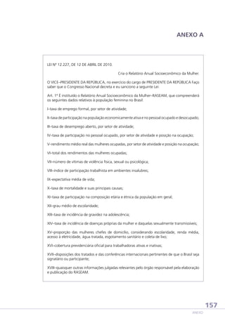 ANEXO A

LEI Nº 12.227, DE 12 DE ABRIL DE 2010.
Cria o Relatório Anual Socioeconômico da Mulher.
O VICE–PRESIDENTE DA REPÚBLICA, no exercício do cargo de PRESIDENTE DA REPÚBLICA Faço
saber que o Congresso Nacional decreta e eu sanciono a seguinte Lei:
Art. 1º É instituído o Relatório Anual Socioeconômico da Mulher–RASEAM, que compreenderá
os seguintes dados relativos à população feminina no Brasil:
I–taxa de emprego formal, por setor de atividade;
II–taxa de participação na população economicamente ativa e no pessoal ocupado e desocupado;
III–taxa de desemprego aberto, por setor de atividade;
IV–taxa de participação no pessoal ocupado, por setor de atividade e posição na ocupação;
V–rendimento médio real das mulheres ocupadas, por setor de atividade e posição na ocupação;
VI–total dos rendimentos das mulheres ocupadas;
VII–número de vítimas de violência física, sexual ou psicológica;
VIII–índice de participação trabalhista em ambientes insalubres;
IX–expectativa média de vida;
X–taxa de mortalidade e suas principais causas;
XI–taxa de participação na composição etária e étnica da população em geral;
XII–grau médio de escolaridade;
XIII–taxa de incidência de gravidez na adolescência;
XIV–taxa de incidência de doenças próprias da mulher e daquelas sexualmente transmissíveis;
XV–proporção das mulheres chefes de domicílio, considerando escolaridade, renda média,
acesso à eletricidade, água tratada, esgotamento sanitário e coleta de lixo;
XVI–cobertura previdenciária oficial para trabalhadoras ativas e inativas;
XVII–disposições dos tratados e das conferências internacionais pertinentes de que o Brasil seja
signatário ou participante;
XVIII–quaisquer outras informações julgadas relevantes pelo órgão responsável pela elaboração
e publicação do RASEAM.

157
ANEXO

 