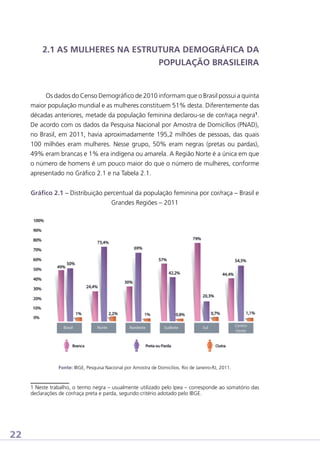 2.1 AS MULHERES NA ESTRUTURA DEMOGRÁFICA DA
POPULAÇÃO BRASILEIRA

Os dados do Censo Demográfico de 2010 informam que o Brasil possui a quinta
maior população mundial e as mulheres constituem 51% desta. Diferentemente das
décadas anteriores, metade da população feminina declarou-se de cor/raça negra1.
De acordo com os dados da Pesquisa Nacional por Amostra de Domicílios (PNAD),
no Brasil, em 2011, havia aproximadamente 195,2 milhões de pessoas, das quais
100 milhões eram mulheres. Nesse grupo, 50% eram negras (pretas ou pardas),
49% eram brancas e 1% era indígena ou amarela. A Região Norte é a única em que
o número de homens é um pouco maior do que o número de mulheres, conforme
apresentado no Gráfico 2.1 e na Tabela 2.1.
Gráfico 2.1 – Distribuição percentual da população feminina por cor/raça – Brasil e
Grandes Regiões – 2011

Fonte: IBGE, Pesquisa Nacional por Amostra de Domicílios. Rio de Janeiro-RJ, 2011.

1 Neste trabalho, o termo negra – usualmente utilizado pelo Ipea – corresponde ao somatório das
declarações de cor/raça preta e parda, segundo critério adotado pelo IBGE.

22

 