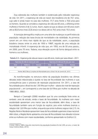 Essa sobrevida das mulheres também é evidenciada pelo indicador esperança
de vida. Em 2011, a esperança de vida ao nascer dos brasileiros era de 74,1 anos,
cujo valor é ainda maior no caso das mulheres: 77,7 anos frente a 70,6 anos para
os homens. Quando se considera a esperança de vida aos 60 anos, a diferença entre
mulheres e homens é de 3,3 anos. Assim, espera-se que as idosas com 60 anos vivam
até os 82,8 anos (mais 22,8 anos) e os idosos até os 79,5 anos (mais 19,5 anos).
A transição demográfica implica em uma série de mudanças no perfil etário da
população: redução das taxas brutas de mortalidade e de natalidade. As primeiras
caíram em um ritmo mais rápido do que as da natalidade; assim, a população
brasileira cresceu entre os anos de 1950 e 19803, seguida de uma redução da
mortalidade infantil. A esperança de vida que, em 1950, era de 50 anos passou,
em 2000, para 70 anos. Todavia, essa elevação ocorre de forma desigual entre os
homens e as mulheres.
Tabela 2.3 – Esperança de vida ao nascer e aos 60 anos, total e por sexo–Brasil – 2011
Esperança de vida ao nascer, por sexo

Esperança de vida aos 60 anos, por sexo

Total

Mulheres

Homens

Total

Mulheres

Homens

74,1

77,7

70,6

21,2

22,8

19,5

Fonte: IBGE,Tábua Completa de Mortalidade para o Brasil. Rio de Janeiro-RJ, 2012.

As transformações na estrutura etária da população brasileira nas últimas
décadas estão relacionadas à queda na taxa de fecundidade das mulheres e suas
consequências para o processo de reposição populacional. Em 2011, a taxa de
fecundidade para o Brasil era de 1,95 filho por mulher – abaixo do nível de reposição
populacional –, em contraponto a uma taxa de 4,4 filhos por mulher na década de
1980 (IBGE, 2002).
Berquó e Cavenaghi (2006) ressaltam que há uma correlação forte entre as
variáveis: anos de estudo, renda e taxas de fecundidade. As mulheres com maior
escolaridade apresentam uma menor taxa de fecundidade; além disso, a taxa de
fecundidade também varia em função da raça/cor, pois entre mulheres brancas a
relação é de 1,63 filho por mulher, enquanto que entre mulheres negras é de 2,15. As
Regiões Norte e Nordeste apresentam taxas de fecundidade superiores à taxa nacional.
Além disso, a Região Norte apresenta uma taxa de fecundidade mais elevada inclusive
entre as mulheres com maior escolaridade, conforme apresentado no Gráfico 2.2.

3 Entre 1950 e 1980 a taxa de crescimento da população brasileira foi de 2,8% ao ano, a maior de
nossa história (Alves, 2013).

24

 