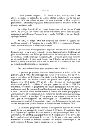 — 45 —


        L’école primaire comptera 11 900 élèves de plus, mais il y aura 7 300
élèves en moins en maternelle. Ce dernier chiffre s’explique par le fait que
seulement 10 % des enfants de deux ans sont scolarisés, le bleu budgétaire
précisant que l’efficacité pédagogique de la scolarisation des enfants de moins de
trois ans n’est pas avérée

        Au collège, les effectifs ne cessent d’augmenter, soit de plus de 10 000
élèves. Au lycée, si l’on constate une baisse du nombre d’élèves dans les lycées
généraux et technologique, l’on compte en revanche 8 000 élèves de plus dans le
cycle professionnel.

       Au total, le budget 2012 fait l’impasse sur l’avenir et aggrave les
problèmes rencontrés à l’occasion de la rentrée 2011 et précédemment. Chaque
année, malheureusement, le même constat est fait.

         Les conditions d’enseignement se dégradent pour les élèves comme pour
les enseignant – avec la suppression des options, la rationalisation des filières, et
plus particulièrement des filières professionnelles, la surcharge des classes, les
difficultés de remplacement des enseignants, etc. –, d’où ma question au ministre
de mercredi dernier. Il faut aussi évoquer les difficultés de redoublement en
terminale, la non scolarisation des enfants de deux ans et la diminution de l’offre
de formation professionnelle des enseignants.

        J’en viens maintenant aux quatre programmes de la mission.

         Le premier programme concerne l’enseignement scolaire public du
premier degré. 5 700 postes sont supprimés. Après avoir baissé de plus de 40 %
dans la précédente loi de finances, les crédits pour la formation des enseignants
augmentent, mais 295 millions d’euros sont prévus dans le projet de loi de
finances pour 2012 contre 293 en 2011. Les dépenses de fonctionnement
diminuent de près de 12 millions d’euros par rapport aux crédits de 2011. En
maternelle, concernant ce programme, les crédits pédagogiques baissent aussi,
malheureusement. En primaire, les crédits diminuent aussi de plus de 2 millions
d’euros. Ces crédits étaient surtout destinés à financer des actions pédagogiques
complémentaires à l’enseignement et des partenariats dans les domaines artistique,
littéraire, culturel et scientifique. L’enseignement des langues vivantes disparaît
ainsi que le développement des technologies de l’information et de la
communication. Au total, le montant des crédits pour le financement de toutes ces
actions pédagogiques, qui sont liées aux actions éducatives, diminue de 73 %.

         Le deuxième programme concerne l’enseignement scolaire du second
degré. On ne peut que regretter la suppression de 6 500 postes d’enseignants dans
les collèges et lycées publics. En outre, comme pour le premier degré, force est de
constater que les crédits pédagogiques baissent. Ceux prévus pour les élèves des
lycées professionnels diminuent de près de 5 %. Or ces crédits sont destinés
notamment à l’achat de manuels scolaires, de matériel informatique et de
remboursement de frais de stage en entreprise pour les élèves.
 