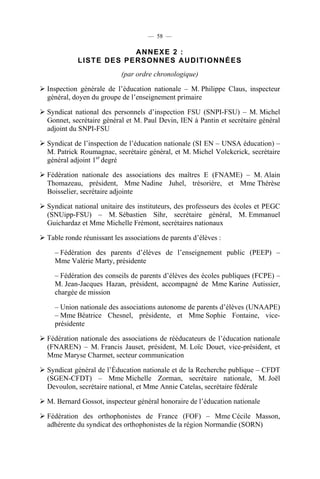 — 58 —

                      ANNEXE 2 :
          LISTE DES PERSONNES AUDITIONNÉ ES
                          (par ordre chronologique)

Inspection générale de l’éducation nationale – M. Philippe Claus, inspecteur
général, doyen du groupe de l’enseignement primaire

Syndicat national des personnels d’inspection FSU (SNPI-FSU) – M. Michel
Gonnet, secrétaire général et M. Paul Devin, IEN à Pantin et secrétaire général
adjoint du SNPI-FSU

Syndicat de l’inspection de l’éducation nationale (SI EN – UNSA éducation) –
M. Patrick Roumagnac, secrétaire général, et M. Michel Volckcrick, secrétaire
général adjoint 1er degré

Fédération nationale des associations des maîtres E (FNAME) – M. Alain
Thomazeau, président, Mme Nadine Juhel, trésorière, et Mme Thérèse
Boisselier, secrétaire adjointe

Syndicat national unitaire des instituteurs, des professeurs des écoles et PEGC
(SNUipp-FSU) – M. Sébastien Sihr, secrétaire général, M. Emmanuel
Guichardaz et Mme Michelle Frémont, secrétaires nationaux

Table ronde réunissant les associations de parents d’élèves :

  – Fédération des parents d’élèves de l’enseignement public (PEEP) –
  Mme Valérie Marty, présidente

  – Fédération des conseils de parents d’élèves des écoles publiques (FCPE) –
  M. Jean-Jacques Hazan, président, accompagné de Mme Karine Autissier,
  chargée de mission

  – Union nationale des associations autonome de parents d’élèves (UNAAPE)
  – Mme Béatrice Chesnel, présidente, et Mme Sophie Fontaine, vice-
  présidente

Fédération nationale des associations de rééducateurs de l’éducation nationale
(FNAREN) – M. Francis Jauset, président, M. Loïc Douet, vice-président, et
Mme Maryse Charmet, secteur communication

Syndicat général de l’Éducation nationale et de la Recherche publique – CFDT
(SGEN-CFDT) – Mme Michelle Zorman, secrétaire nationale, M. Joël
Devoulon, secrétaire national, et Mme Annie Catelas, secrétaire fédérale

M. Bernard Gossot, inspecteur général honoraire de l’éducation nationale

Fédération des orthophonistes de France (FOF) – Mme Cécile Masson,
adhérente du syndicat des orthophonistes de la région Normandie (SORN)
 