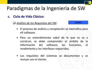 Paradigmas de la Ingeniería de SW
c. Ciclo de Vida Clásico:
    Análisis de los Requisitos del SW:              Análisis


     • El proceso de análisis y recopilación se intensifica para
       eñ software.
     • Para un entendimiento cabal de lo que se va a
       construir, se debe comprender el ámbito de la
       información del software, las funciones, el
       rendimiento y las interfaces requeridas.

     • Los requisitos del sistemas se documentan y se
       revisan con el cliente.
 
