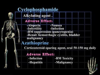 Alkylating agent .
-Alopecia
-Nausea
-Infertility
-Infection
-BM suppression (pancytopenia)
-Renal: hemorrhagic cystitis, bladder
malignancy

 