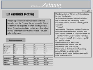 CELE-kurs   Zeitung
                                                                                             Dienstag 15. 11

   Ein kaotischer Dienstag                                Man benutzt diese Wörter, um Nebensätze zu
                                                          formen. Zum Beispiel,
                                                          Wo ist der man, der den Brief gebracht hat?
    Dieser Tag haben wir die Studie der Lektion 5         Hier ist den Tee, den Sie verlangt haben.
    beendet und die Prüfung darauf gemacht. Zuerst        Das kleine Zimmer, worin ich schlaffe, gefällt
    holten wir die folgende Themen wieder, Relativ        mir nicht.*
                                                           *Pass auf!
    Sätze, Präteritum und Wortschatz von deutschen        Wenn es eine Präposition vor dem Pronomen,
    Politik; und machten wir am Ende den Test, der        kann man diese zwei Wörter mischen. Also,
    sehr einfach war.                                     mit + welcher = womit, in +welche = worin, von
                                                          + welches = wovon, aus + welcher = woraus,
                                                          auf + welche = worauf, für + welches = wofür,
       Relativpronommen                                   zu + welcher = wozu
                                                          Aber klappt es nicht, wenn man
             M.           F.          N.        Pl.       Personnennamen benutzt oder von
Nominativ    Der          die         das       die       bestimmten Orte. Zum Beispiel,
Genitiv      dessen       deren       dessen    deren     Dieses Land, in dem ich meine Ausbildung
Dativ        Dem          der         dem       denen     gemacht habe, ist wünderschön.
Akkusativ    Den          die         das       die       Brasilien, wo ich meine Ausbildung gemacht
                                                          habe, ist wünderschön.
             M.           F.          N.        Pl.
Nominativ    welcher      welche      welches   welche
Genitiv      dessen       deren       dessen    deren
Dativ        welchem      welcher     welchem   welchen
Akkusativ    welchen      welche      welches   welche
 