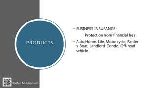 PRODUCTS
• BUSINESS INSURANCE :
Protection from financial loss
• Auto,Home, Life, Motorcycle, Renter
s, Boat, Landlord, Condo, Off-road
vehicle
Rasfan Muhammed
 