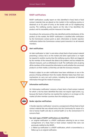 Annual Report 2010




THE SYSTEM   RASFF notifications

             RASFF notifications usually report on risks identified in food, feed or food
             contact materials that are placed on the market in the notifying country or
             detained at an EU point of entry at the border with an EU neighbouring
             country. The notifying country reports on the risks it has identified, the
             product and its traceability and the measures it has taken.

             According to the seriousness of the risks identified and the distribution of the
             product on the market, the RASFF notification is classified after verification
             by the Commission contact point as alert, information or border rejection
             notification before the Commission contact point transmits it to all network
             members.

             Alert notifications

             An ‘alert notification’ or ‘alert’ is sent when a food, feed or food contact material
             presenting a serious risk is on the market and when rapid action is or might
             be required in another country than the notifying country. Alerts are triggered
             by the member of the network that detects the problem and has initiated the
             relevant measures, such as withdrawal or recall. The notification aims at giving
             all the members of the network the information to verify whether the concerned
             product is on their market, so that they can take the necessary measures.

             Products subject to an alert notification have been withdrawn or are in the
             process of being withdrawn from the market. Member States have their own
             mechanisms to carry out such actions, including the provision of detailed
             information through the media if necessary.

             Information notifications

             An ‘information notification’ concerns a food, feed or food contact material
             for which a risk has been identified that does not require rapid action, e.g.
             because the food or feed has not reached the market or is no longer on the
             market (of other member countries than the notifying country).

             Border rejection notifications

             A ’border rejection notification’ concerns a consignment of food, feed or food
             contact material that was refused entry into the Community for reason of a
             risk to human health and also to animal health or to the environment if it
             concerns feed.

             Two main types of RASFF notifications are identified:
             • an ‘original notification’ is a RASFF notification referring to one or more
               consignments of a food, feed or food contact material that were not
               previously notified to the RASFF;
             • a ‘follow-up notification’ is a RASFF notification, which is transmitted as a
               follow-up to an original notification.
12
 