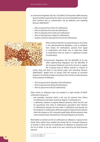 Annual Report 2010




     a) Commission Regulation (EC) No 1152/2009 of 27 November 2009 imposing
        special conditions governing the import of certain foodstuffs from certain
        third countries due to contamination risk by aflatoxins and repealing
        Decision 2006/504/EC9

        •   20 % on peanuts from China (75 notifications)
        •   50 % on pistachios from Iran (56 notifications)
        •   50 % on pistachios from Turkey (32 notifications)
        •   20 % on dried figs from Turkey (57 notifications)
        •   random control on almonds from the US (23 notifications)

                                     Other products listed for increased frequency of controls
                                     in the abovementioned Regulation, such as hazelnuts
                                     from Turkey (18 notifications), peanuts from Egypt
                                     (4 notifications) and Brazil nuts in shell from Brazil
                                     (0 notifications) did not result in a significant number
                                     of notifications.

                        b) Commission Regulation (EC) No 669/2009 of 24 July
                           2009 implementing Regulation (EC) No 882/2004 of
                           the European Parliament and of the Council as regards
                           the increased level of official controls on imports of
         certain feed and food of non-animal origin and amending Decision
         2006/504/EC10 applies from 25 January 2010 and imposes an increased
         frequency of controls at import on products from certain countries because
         of the presence of aflatoxins:

        • 10 % on peanuts from Argentina (102 notifications)
        • 50 % on peanuts from Brazil (29 notifications)
        • 50 % on spices from India (97 notifications)

     Other entries on aflatoxins have not resulted in a high number of RASFF
     notifications because of
      • low quantities imported which is the case for peanuts from Ghana
         (3 notifications) and melon seeds from Nigeria (7 notifications) or
      • a satisfactory situation as regards aflatoxin presence which was the case
         for groundnuts from India (4 notifications), groundnuts from Vietnam
         (2 notifications), basmati rice from India (1 notification) and basmati rice
         from Pakistan (11 notifications). With the exception of peanuts from India for
         which the situation in 2011 worsened significantly, all these products have
         in the meantime been removed from increased frequency of controls.

     Worthwhile to mention are the 23 notifications on aflatoxins in peanuts from
     South Africa (which have resulted into listing this for increased frequency
     of controls in 2011) and the 23 notifications on aflatoxins in pistachios from
     the US of which 12 are the result of an own control by the food business
     operator.

     9 JO L 313, 28.11.2009, p. 40
     10 OJ L 194, 25.7.2009, p. 11
26
 