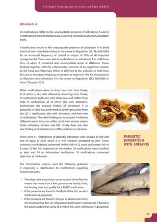 The Rapid Alert System for Food and Feed (RASFF)




Ochratoxin A

34 notifications relate to the unacceptable presence of ochratoxin A and in
9 notifications thereof aflatoxins are occurring simultaneously at unacceptable
levels.

9 notifications relate to the unacceptable presence of ochratoxin A in dried
vine fruit from Uzbekistan (listed in the annex to Regulation (EC) No 669/2009
for an increased frequency of control at import of 50 % of all imported
consignments). There were also 6 notifications on ochratoxin A in chilli from
Peru of which 2 contained also unacceptable levels of aflatoxins. These
findings together with the unfavourable outcome of an inspection mission
by the Food and Veterinary Office in 2009 led to the inclusion of chilli from
Peru for an increased frequency of controls at import of 10 % for the presence
of aflatoxins and ochratoxin A in the annex to Regulation (EC) 669/2009 as
from 7 October 2010.

Other notifications relate to dried vine fruit from Turkey
(4 of which 2 also with aflatoxins), dried figs from Turkey
(2 notifications both also with aflatoxins) and chillies from
India (4 notifications all of which also with aflatoxins).
Furthermore the unusual finding of ochratoxin A in
pistachios in 2009 was confirmed in 2010 in pistachios from
the US (1 notification, also with aflatoxins) and from Iran
(1 notification). The other findings on ochratoxin A relate to
different cereals (rice, rye, millet, corn) from various origins
(India, Lithuania, Ukraine and US). Finally there was also
one finding of ochratoxin A in coffee and one in red wine.

There were 61 notifications of parasitic infestation with Anisakis of fish and      PARASITIC
one of squid in 2010, which is a 41 % increase compared to 2011. These              INFESTATION
numerous notifications concerned chilled fish in 52 cases and frozen fish in        WITH ANISAKIS
8 cases. Of the fish inspected on the market, 24 notifications were classified
as alert and 19 as information notification; 19 notifications concerned
rejections at the border.

The Commission services used the following guidance
in proposing a classification for notifications regarding
Anisakis parasites:

 • There has to be an obvious contamination of the fish: this
   means that more than a few parasites are found, if not,
   the finding does not qualify for a RASFF notification.
 • If the parasites are found in the flesh of the fish, an alert
   notification is proposed.
 • If the parasites are found in the gut or abdominal cavity
   of a frozen or live fish, an information notification is proposed, if found in
   the gut or abdominal cavity of a chilled fish, alert notification is proposed.

                                                                                               27
 