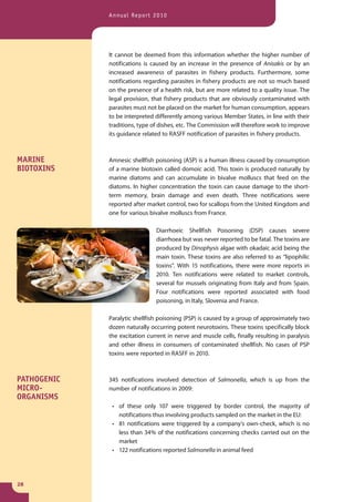 Annual Report 2010




             It cannot be deemed from this information whether the higher number of
             notifications is caused by an increase in the presence of Anisakis or by an
             increased awareness of parasites in fishery products. Furthermore, some
             notifications regarding parasites in fishery products are not so much based
             on the presence of a health risk, but are more related to a quality issue. The
             legal provision, that fishery products that are obviously contaminated with
             parasites must not be placed on the market for human consumption, appears
             to be interpreted differently among various Member States, in line with their
             traditions, type of dishes, etc. The Commission will therefore work to improve
             its guidance related to RASFF notification of parasites in fishery products.



MARINE       Amnesic shellfish poisoning (ASP) is a human illness caused by consumption
BIOTOXINS    of a marine biotoxin called domoic acid. This toxin is produced naturally by
             marine diatoms and can accumulate in bivalve molluscs that feed on the
             diatoms. In higher concentration the toxin can cause damage to the short-
             term memory, brain damage and even death. Three notifications were
             reported after market control, two for scallops from the United Kingdom and
             one for various bivalve molluscs from France.

                               Diarrhoeic Shellfish Poisoning (DSP) causes severe
                               diarrhoea but was never reported to be fatal. The toxins are
                               produced by Dinophysis algae with okadaic acid being the
                               main toxin. These toxins are also referred to as “lipophilic
                               toxins”. With 15 notifications, there were more reports in
                               2010. Ten notifications were related to market controls,
                               several for mussels originating from Italy and from Spain.
                               Four notifications were reported associated with food
                               poisoning, in Italy, Slovenia and France.

             Paralytic shellfish poisoning (PSP) is caused by a group of approximately two
             dozen naturally occurring potent neurotoxins. These toxins specifically block
             the excitation current in nerve and muscle cells, finally resulting in paralysis
             and other illness in consumers of contaminated shellfish. No cases of PSP
             toxins were reported in RASFF in 2010.



PATHOGENIC   345 notifications involved detection of Salmonella, which is up from the
MICRO-       number of notifications in 2009:
ORGANISMS
              • of these only 107 were triggered by border control, the majority of
                notifications thus involving products sampled on the market in the EU:
              • 81 notifications were triggered by a company’s own-check, which is no
                less than 34 % of the notifications concerning checks carried out on the
                market
              • 122 notifications reported Salmonella in animal feed




28
 