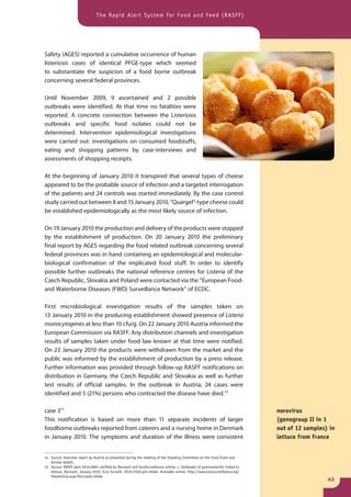 The Rapid Alert System for Food and Feed (RASFF)




Safety (AGES) reported a cumulative occurrence of human
listeriosis cases of identical PFGE-type which seemed
to substantiate the suspicion of a food borne outbreak
concerning several federal provinces.

Until November 2009, 9 ascertained and 2 possible
outbreaks were identified. At that time no fatalities were
reported. A concrete connection between the Listeriosis
outbreaks and specific food isolates could not be
determined. Intervention epidemiological investigations
were carried out: investigations on consumed foodstuffs,
eating and shopping patterns by case-interviews and
assessments of shopping receipts.

At the beginning of January 2010 it transpired that several types of cheese
appeared to be the probable source of infection and a targeted interrogation
of the patients and 24 controls was started immediately. By the case control
study carried out between 8 and 15 January 2010, “Quargel”-type cheese could
be established epidemiologically as the most likely source of infection.

On 19 January 2010 the production and delivery of the products were stopped
by the establishment of production. On 20 January 2010 the preliminary
final report by AGES regarding the food related outbreak concerning several
federal provinces was in hand containing an epidemiological and molecular-
biological confirmation of the implicated food stuff. In order to identify
possible further outbreaks the national reference centres for Listeria of the
Czech Republic, Slovakia and Poland were contacted via the “European Food-
and Waterborne Diseases (FWD) Surveillance Network” of ECDC.

First microbiological investigation results of the samples taken on
13 January 2010 in the producing establishment showed presence of Listeria
monocytogenes at less than 10 cfu/g. On 22 January 2010 Austria informed the
European Commission via RASFF. Any distribution channels and investigation
results of samples taken under food law known at that time were notified.
On 23 January 2010 the products were withdrawn from the market and the
public was informed by the establishment of production by a press release.
Further information was provided through follow-up RASFF notifications on
distribution in Germany, the Czech Republic and Slovakia as well as further
test results of official samples. In the outbreak in Austria, 24 cases were
identified and 5 (21%) persons who contracted the disease have died.14

case 315                                                                                                                       norovirus
This notification is based on more than 11 separate incidents of larger                                                        (genogroup II in 1
foodborne outbreaks reported from caterers and a nursing home in Denmark                                                       out of 12 samples) in
in January 2010. The symptoms and duration of the illness were consistent                                                      lettuce from France


14 Source: Overview report by Austria as presented during the meeting of the Standing Committee on the Food Chain and
   Animal Health.
15 Source: RASFF alert 2010.0081 notified by Denmark and EuroSurveillance article: L. Outbreaks of gastroenteritis linked to
   lettuce, Denmark, January 2010. Euro Surveill. 2010;15(6):pii=19484. Available online: http://www.eurosurveillance.org/
   ViewArticle.aspx?ArticleId=19484
                                                                                                                                                 43
 