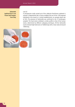 Annual Report 2010




          Salmonella   case 52
 typhimurium in raw    A retrospective study carried out of the collective food-borne outbreak in
 frozen beef burgers   schools in Département 86 in France enabled 554 out of the 1,559 exposed
          from Italy   individuals to be traced in 4 school establishments, an average attack rate
                       of 35 %. The presence of Salmonella was confirmed in the 13 hamburgers
                       sampled. The food strains exhibited a similar profile to that of the human
                       strains, determined by different subtyping techniques. All the Salmonella
                       counts showed high levels (one at 18,000 cfu/g) with a mean value of around
                       1,000 cfu/g.




46
 