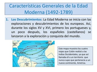 Características Generales de la Edad
Moderna (1492-1789)
1. Los Descubrimientos: La Edad Moderna se inicia con las
exploraciones y descubrimientos de los europeos. Así,
durante los siglos XV y XVI, primero los portugueses y,
un poco después, los españoles (castellanos) se
lanzaron a la exploración y conquista del mundo.

Este mapa muestra los cuatro
viajes que Colón realizó a las
Indias Occidentales, ya que así
llamaba él a un territorio que
nunca supo que pertenecía a un
nuevo continente, América.

 