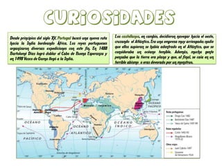 Curiosidades
Desde principios del siglo XV, Portugal buscó una nueva ruta
hacia la India bordeando África. Los reyes portugueses
organizaron diversas expediciones con este fin. En 1488
Bartolomé Días logró doblar el Cabo de Buena Esperanza y
en 1498 Vasco de Gama llegó a la India.

Los castellanos, en cambio, decidieron navegar hacia el oeste,
cruzando el Atlántico. Era una empresa muy arriesgada: nadie
que ellos supieran se había adentrado en el Atlántico, que se
consideraba un océano temible. Además, mucha gente
pensaba que la tierra era plana y que, al final, se caía en un
terrible abismo o eras devorado por un monstruo.

 