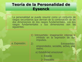 Teoría de la Personalidad de
Eysenck
La personalidad se puede resumir como un conjunto de
rasgos secundarios que derivan de la combinación de las
dos dimensiones de dos rasgos fundamentales. Los dos
rasgos fundamentales y sus dimensiones son las
siguientes:
a. Expresión:
1) Introvertido: imaginación intensa e
inhibido en la expresión de sus
impulsos.
2) Extravertido:
emprendedor, sociable, activo, exp
resivo.
a) Estabilidad emocional:
1- Estable
2- Inestable
 