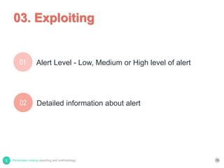 03. Exploiting
15Penetration testing reporting and methodology
Alert Level - Low, Medium or High level of alert
Detailed information about alert
01
02
 