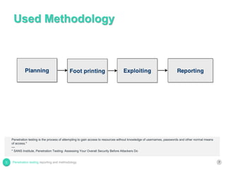Used Methodology
7Penetration testing reporting and methodology
Penetration testing is the process of attempting to gain access to resources without knowledge of usernames, passwords and other normal means
of access.*
---
* SANS Institute, Penetration Testing: Assessing Your Overall Security Before Attackers Do
 