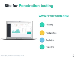Site for Penetration testing
1
Planning
Foot printing
Exploiting
WWW.PENTESTON.COM
-
-
-
Reporting-
Rashad Aliyev, Introduction to Information security
 