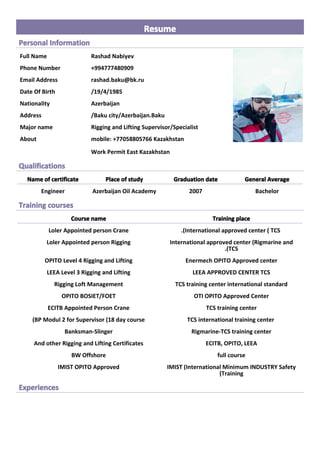 Resume
Personal Information
Full Name Rashad Nabiyev
Phone Number +994777480909
Email Address rashad.baku@bk.ru
Date Of Birth /19/4/1985
Nationality Azerbaijan
Address /Baku city/Azerbaijan.Baku
Major name Rigging and Lifting Supervisor/Specialist
About mobile: +77058805766 Kazakhstan
Work Permit East Kazakhstan
Qualifications
Name of certificate Place of study Graduation date General Average
Engineer Azerbaijan Oil Academy 2007 Bachelor
Training courses
Course name Training place
Loler Appointed person Crane .(International approved center ( TCS
Loler Appointed person Rigging International approved center (Rigmarine and
.(TCS
OPITO Level 4 Rigging and Lifting Enermech OPITO Approved center
LEEA Level 3 Rigging and Lifting LEEA APPROVED CENTER TCS
Rigging Loft Management TCS training center international standard
OPITO BOSIET/FOET OTI OPITO Approved Center
ECITB Appointed Person Crane TCS training center
(BP Modul 2 for Supervisor (18 day course TCS international training center
Banksman-Slinger Rigmarine-TCS training center
And other Rigging and Lifting Certificates ECITB, OPITO, LEEA
BW Offshore full course
IMIST OPITO Approved IMIST (International Minimum INDUSTRY Safety
(Training
Experiences
 