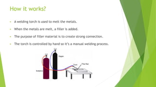How it works?
 A welding torch is used to melt the metals.
 When the metals are melt, a filler is added.
 The purpose of filler material is to create strong connection.
 The torch is controlled by hand so it’s a manual welding process.
 