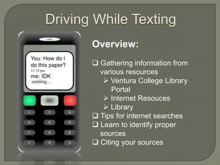 Driving While TextingOverview: Gathering information from    various resources Ventura College Library     Portal Internet Resouces