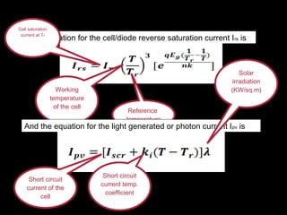 The equation for the cell/diode reverse saturation current Irs is
Working
temperature
of the cell
Reference
temperature
And the equation for the light generated or photon current Ipv is
Cell saturation
current at Tr
Short circuit
current of the
cell
Short circuit
current temp.
coefficient
Solar
irradiation
(KW/sq.m)
 