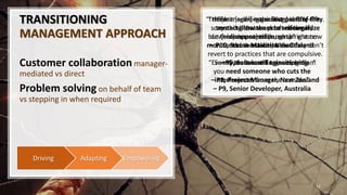 TRANSITIONING
MANAGEMENT APPROACH
Customer collaboration manager-
mediated vs direct
Problem solving on behalf of team
vs stepping in when required
12
EmpoweringAdaptingDriving
“He [manager] is the first point of the
contact between product owner,
dev[elopement] team, scrum master
and the stake-holders.”
– P6, Software Engineer, India
“I think it [self-organization] is fifty-fifty.
…try and allow them to self-organize
but there is a need for me to right now
monitor those activities that they don’t
revert to practices that are compulsive.
So my team is still transitioning...”
– P2, Project Manager, New Zealand
“For me self-organizing team is
something that wouldn’t notice if I
disappeared (laughs).”
– P10, Scrum Master, New Zealand
“Even if you are self-organizing team
you need someone who cuts the
interferences from the outside.”
– P9, Senior Developer, Australia
 