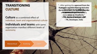 TRANSITIONING
CULTURE
Culture as a combined effect of
individual, team and organizational culture
Individuals and teams with same
organization manifest different levels of
autonomy
14
OpenEvolvingHierarchical
“...After getting the approval from the
managers we will follow up the same
[problems] with the product owner
who in turn provides necessary
explanation to the clients.”
– P6, Developer, India
“Also there is no defined
communications hierarchy.”
– P16, Senior Developer, USA
“...we can organize meeting with the
clients ourselves. It is purely upon the
individual to get the work
done on time.”
– P1, Business Analyst, USA
 