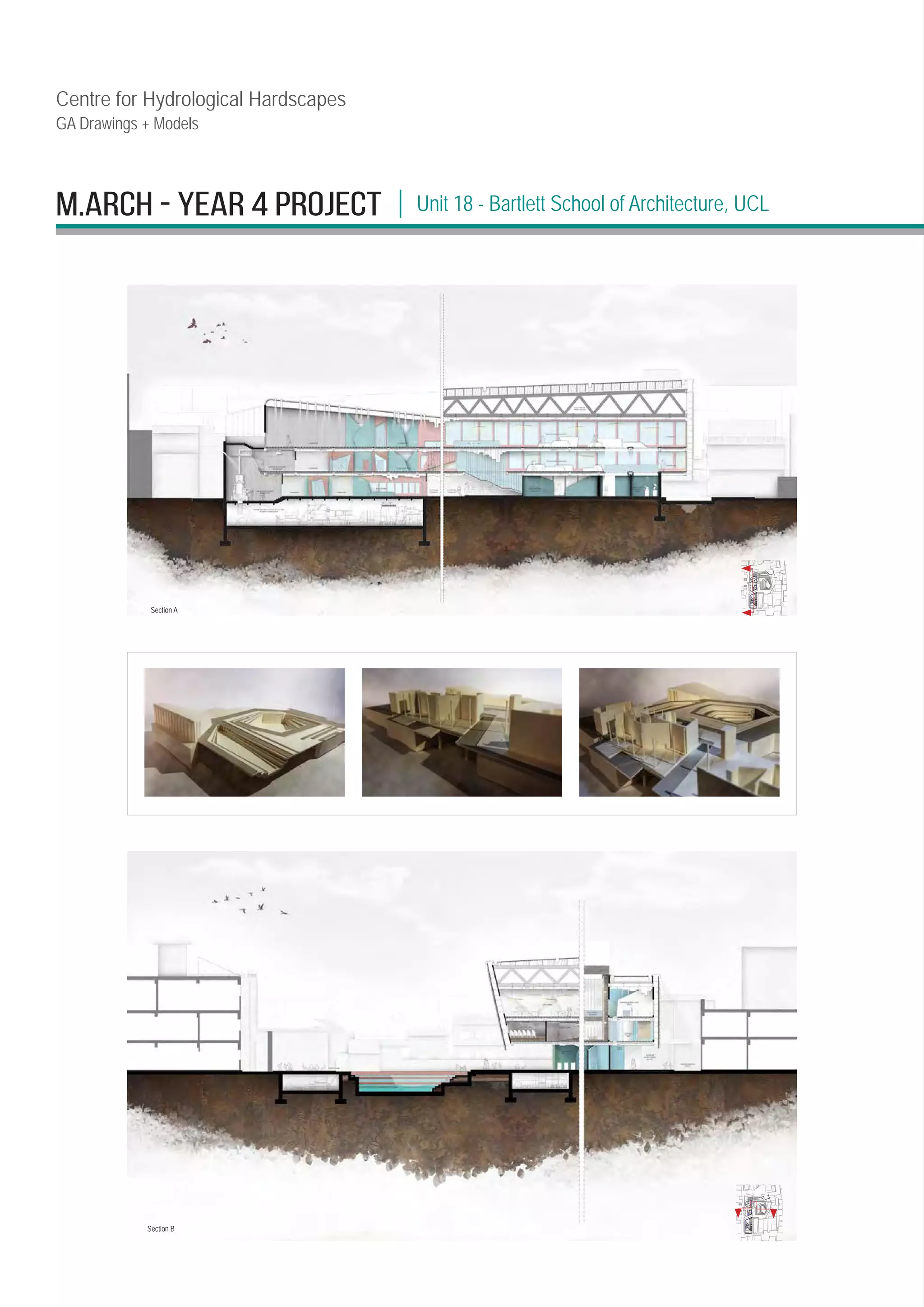 M.ARCH - YEAR 4 PROJECT | Unit 18 - Bartlett School of Architecture, UCL
Centre for Hydrological Hardscapes
GA Drawings + Models
SLUM REHABILITATION
DEVELOPMENT
TRASH COLLECTION (LOADING /
OFFLOADING BAY)
OUTDOOR KUND
PLATFORM
GROUND FLOOR PLAN
WATER SAMPLE
TESTING WORKSHOP
PROTOTYPE DISPLAY
SHOP
WASTE RECYCLING
WORKSHOP
OUTDOOR
EDUCATIONAL
GALERY
CHANGING ROOMS
RECEPTION
RESEARCH LABS
RESEARCH LABS
TOILETS
TOILETS
STAIRCASE
LIFT
OUTDOOR KUND
PLATFORM
LIBRARY
ZENITH
LIGHTS
FIRE EXIT
STORAGE
ADMIN
A
A'
B'
B
SLUM REHABILITATION
DEVELOPMENT
TRASH COLLECTION (LOADING /
OFFLOADING BAY)
OUTDOOR KUND
PLATFORM
GROUND FLOOR PLAN
WATER SAMPLE
TESTING WORKSHOP
PROTOTYPE DISPLAY
SHOP
WASTE RECYCLING
WORKSHOP
OUTDOOR
EDUCATIONAL
GALERY
CHANGING ROOMS
RECEPTION
RESEARCH LABS
RESEARCH LABS
TOILETS
TOILETS
STAIRCASE
LIFT
OUTDOOR KUND
PLATFORM
LIBRARY
ZENITH
LIGHTS
FIRE EXIT
STORAGE
ADMIN
A
A'
B'
B
Section A
Section B
 