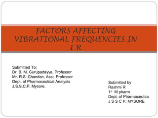 FACTORS AFFECTING
VIBRATIONAL FREQUENCIES IN
I R
Submitted To:
Dr. B. M. Gurupadayya, Professor
Mr. R.S. Chandan, Asst. Professor
Dept. of Pharmaceutical Analysis
J.S.S.C.P, Mysore.
Submitted by
Rashmi R
1st
M pharm
Dept. of Pharmaceutics
J S S C P, MYSORE
 