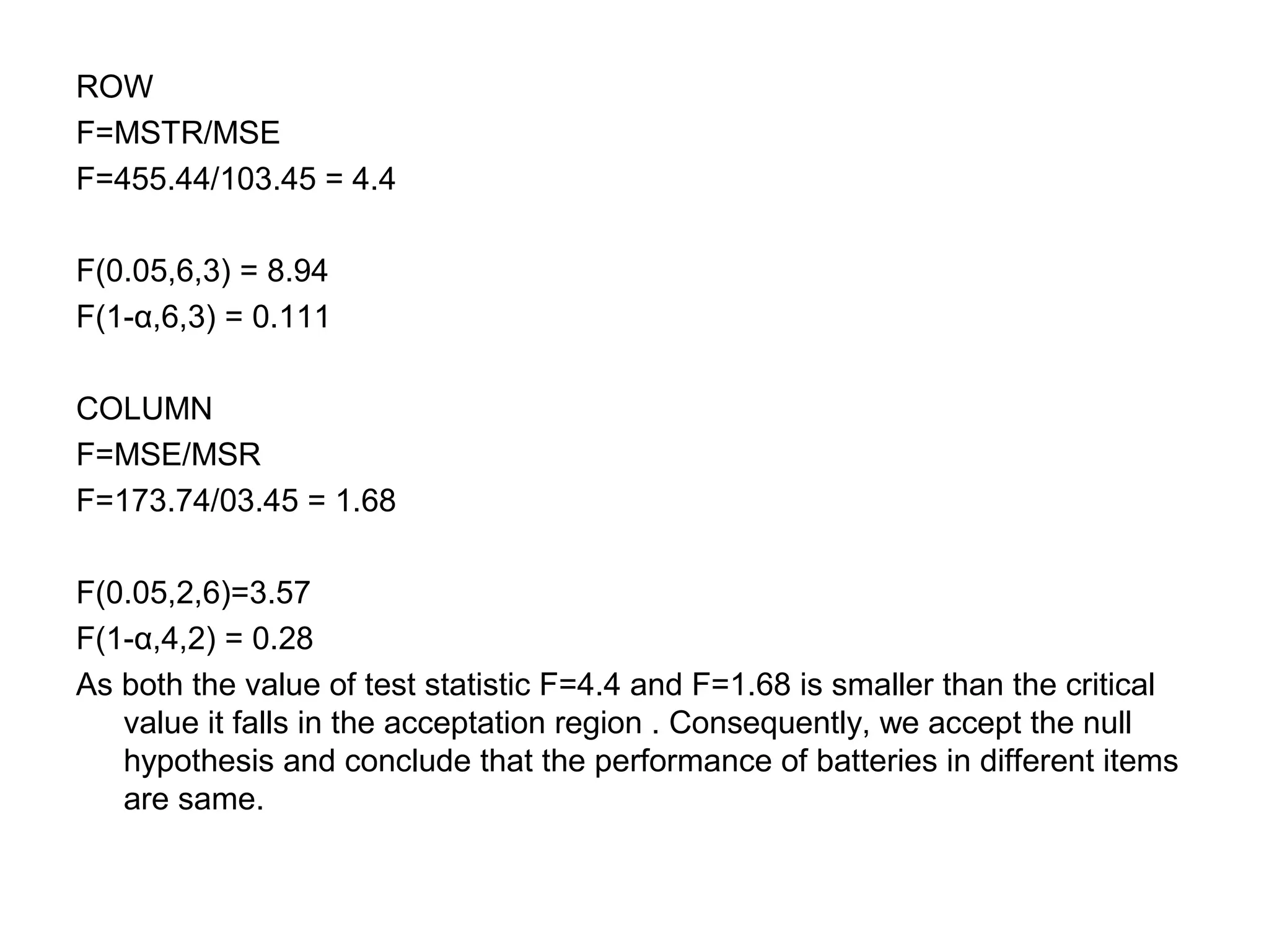 ROW
F=MSTR/MSE
F=455.44/103.45 = 4.4
F(0.05,6,3) = 8.94
F(1-α,6,3) = 0.111
COLUMN
F=MSE/MSR
F=173.74/03.45 = 1.68
F(0.05,2,6)=3.57
F(1-α,4,2) = 0.28
As both the value of test statistic F=4.4 and F=1.68 is smaller than the critical
value it falls in the acceptation region . Consequently, we accept the null
hypothesis and conclude that the performance of batteries in different items
are same.
 