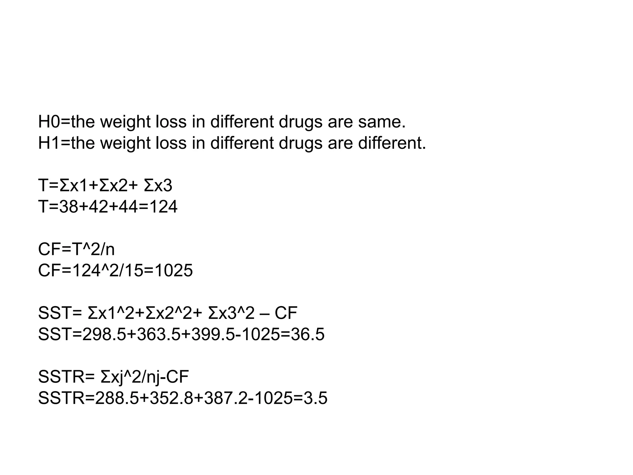 H0=the weight loss in different drugs are same.
H1=the weight loss in different drugs are different.
T=Σx1+Σx2+ Σx3
T=38+42+44=124
CF=T^2/n
CF=124^2/15=1025
SST= Σx1^2+Σx2^2+ Σx3^2 – CF
SST=298.5+363.5+399.5-1025=36.5
SSTR= Σxj^2/nj-CF
SSTR=288.5+352.8+387.2-1025=3.5
 