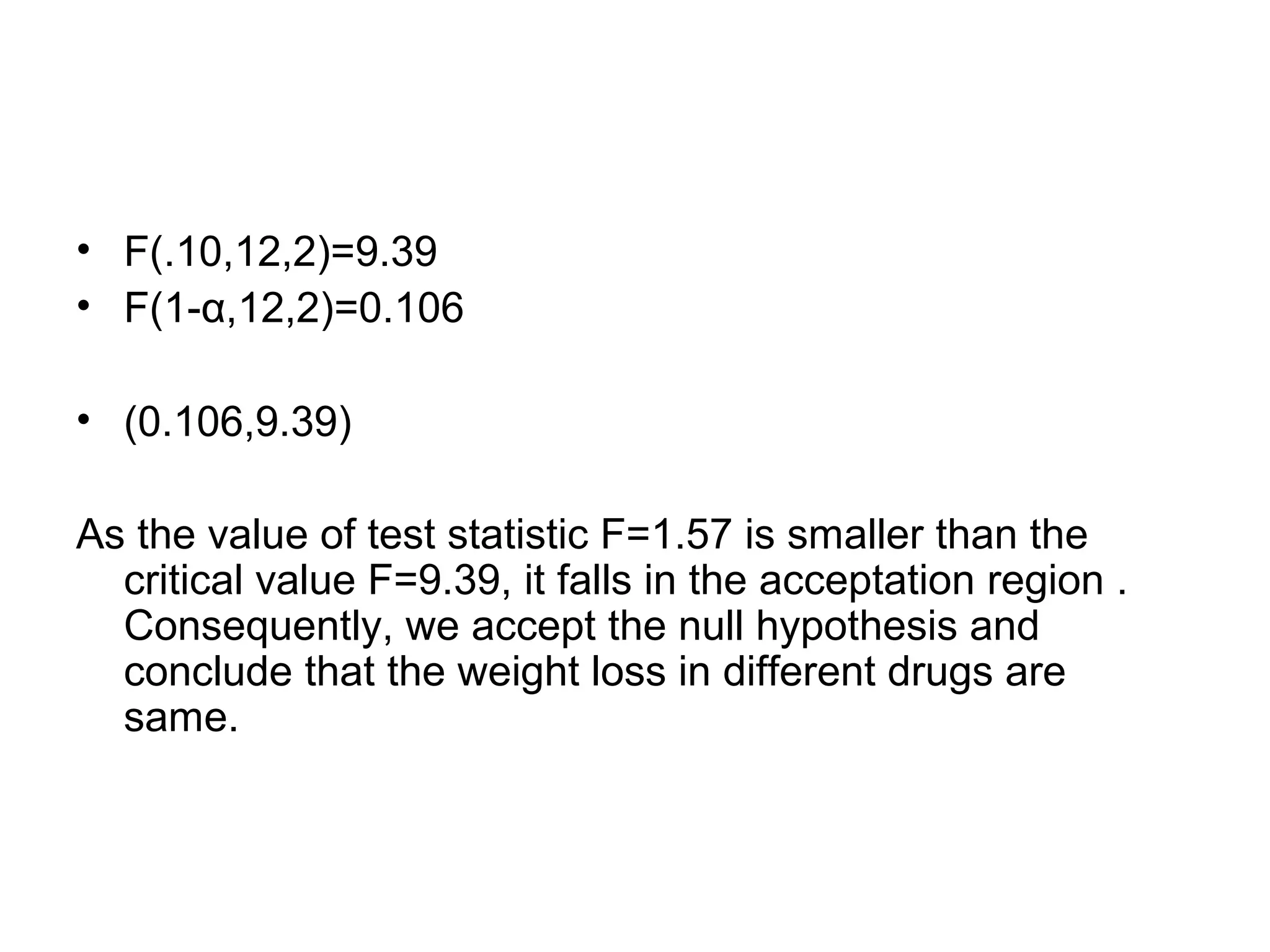 • F(.10,12,2)=9.39
• F(1-α,12,2)=0.106
• (0.106,9.39)
As the value of test statistic F=1.57 is smaller than the
critical value F=9.39, it falls in the acceptation region .
Consequently, we accept the null hypothesis and
conclude that the weight loss in different drugs are
same.
 