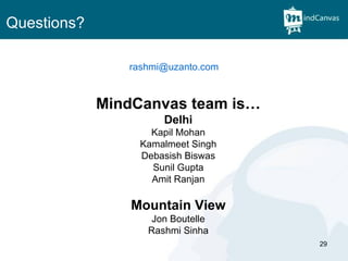 Questions? MindCanvas team is… Delhi Kapil Mohan Kamalmeet Singh Debasish Biswas Sunil Gupta Amit Ranjan Mountain View Jon Boutelle Rashmi Sinha [email_address] 